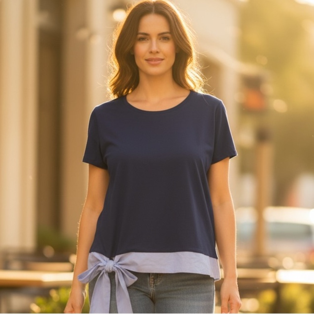 J. Crew Navy Blue Short Sleeve Top with Bow Accent